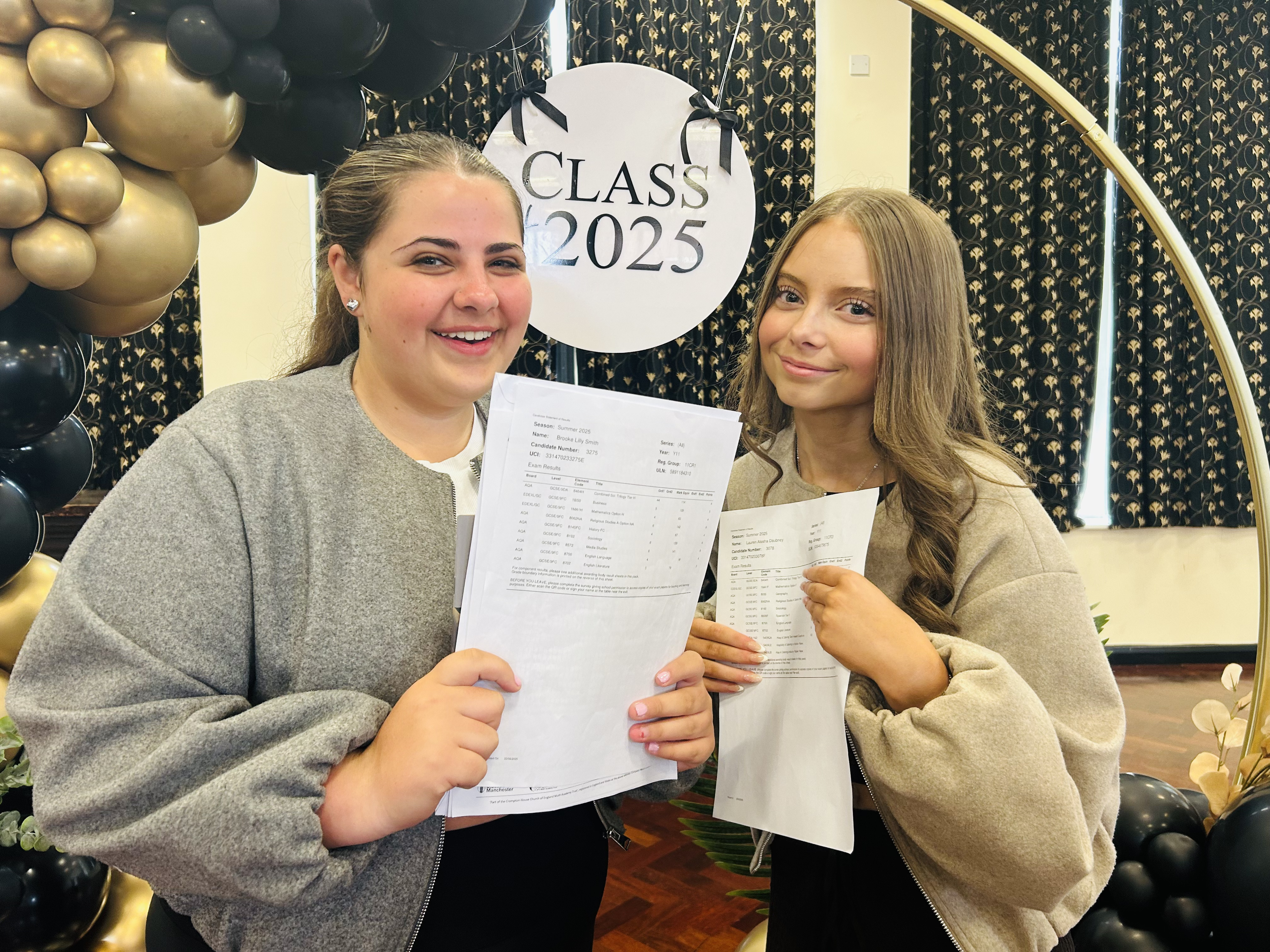 Best friends Brooke Smith and Lauren Daubney celebrating their results at Crompton House